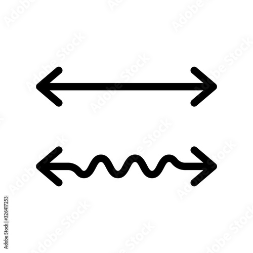 Wavy and straight double arrow. Thick linear icon. 2 side arrows for illustration of horizontal stretching or squeezing. Black simple symbol for measuring. Contour isolated vector on white background