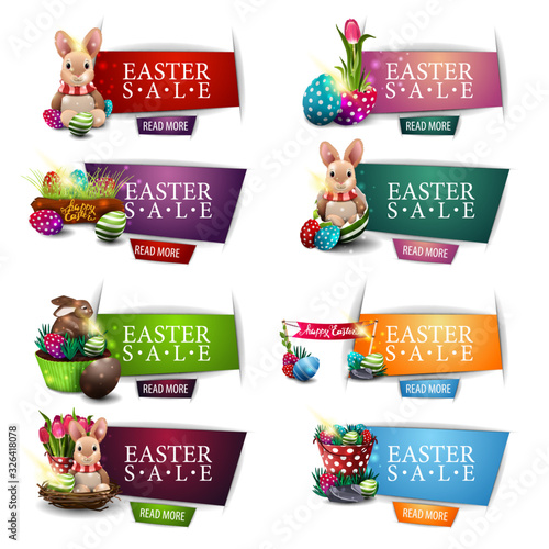 Photography Easter sale, collection colorful discount banners with cartoon Easter icons and buttons