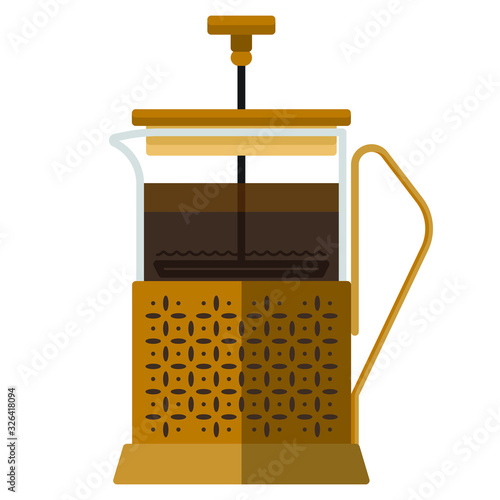 Golden French press coffee maker vector flat material design isolated on white