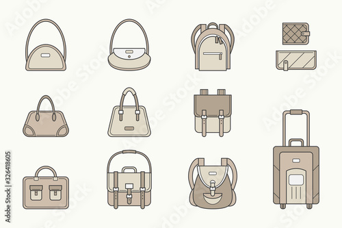Handbag Icons set - Vector color symbols of bag, backpack, purse, clutch, luggage, suitcase for the site or interface