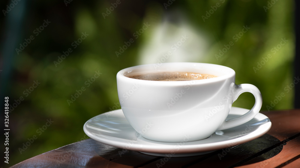 Morning cup of coffee and nature on green background . Morning cup of coffee and nature on green background .