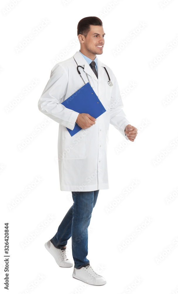 Doctor with clipboard walking on white background Doctor with clipboard walking on white background