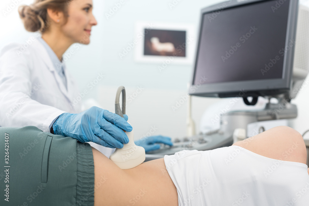 professional doctor examining kidney and looking at blank screen of ultrasound scan in clinic professional doctor examining kidney and looking at blank screen of ultrasound scan in clinic