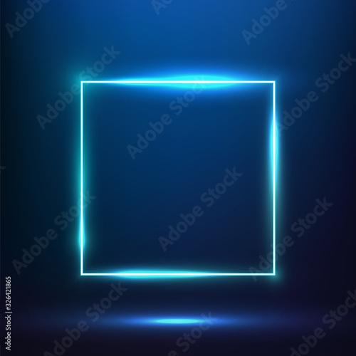 Glowing blue square neon effect banner. Vibrant square neon frame vector.