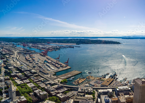 Fotografie Aerial view of Elliott Bay, Seattle waterfront and Seattle port or habor on a sunny day, Seattle, WA, USA