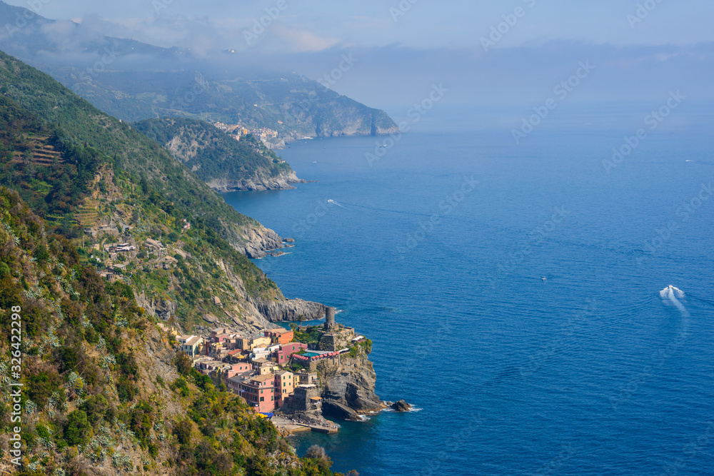 Vernazza, Corniglia and Manarola viewed from the Azure Trail between Vernazza and Monterosso al Mare, Cinque Terre, Liguria, Italy