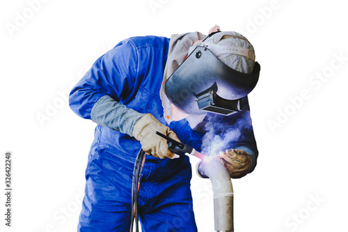 welder is welding process by Tig gas argon isolated on white background. photo