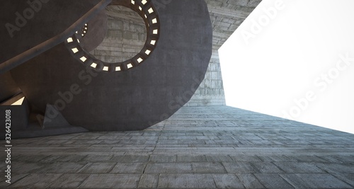 Abstract architectural concrete interior with discs. Neon lighting. 3D illustration and rendering.