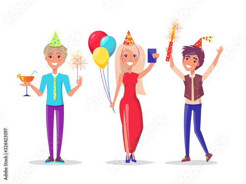 Cartoon characters man and woman celebrate birthday party. Male with sparkler and cocktail, female making selfie, colleague in festive hat vector isolated