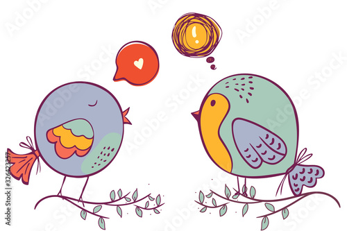 Doodle Early bird special trendy design with bird greeting card template. funny character Vector illustration. Communication with speech bubble. two little birds communicating with each other.