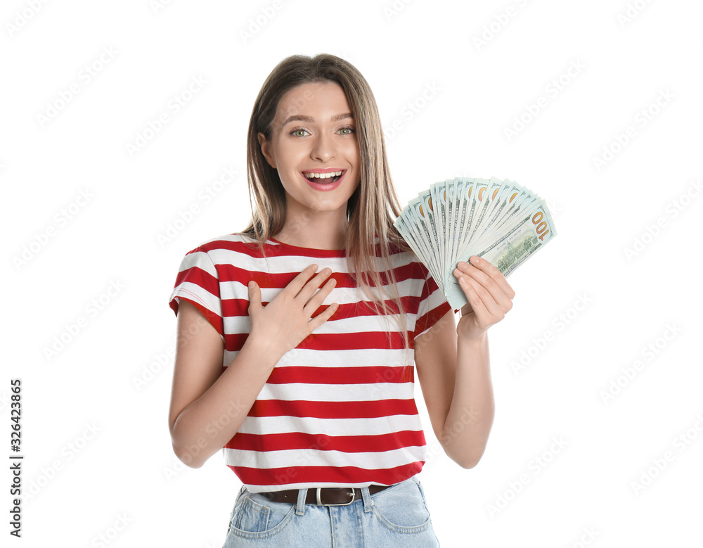 Young woman with money on white background Young woman with money on white background