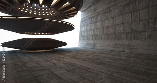 Abstract architectural concrete interior with discs. Neon lighting. 3D illustration and rendering.