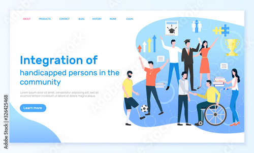 Integration of handicapped people in community, disabled person sitting in wheelchair. Young man playing football with coach. Man gaining diploma. Website or webpage template, landing page vector