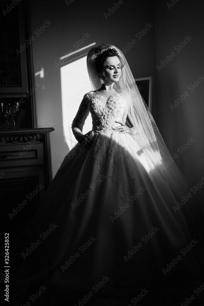 Bride in wedding dress. Bride in a luxury apartment. Woman with stylish make-up and hairstyle. The stunning young bride is incredibly happy.