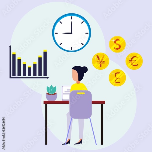 Business woman sitting in a workspace with a computer. Successful investor or entrepreneur. Financial consulting, investment and savings. Modern vector illustration.