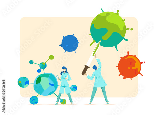 Gruppo di scienziati studiano i campioni dei virus, fanno degli analisi batteriologiche - illustrazione vettoriale