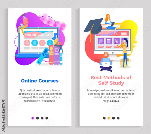 Online courses vector, education and tool for effective knowledge gaining, monitor with digital access for students, people with tasks from school. Website or slider app, landing page flat style