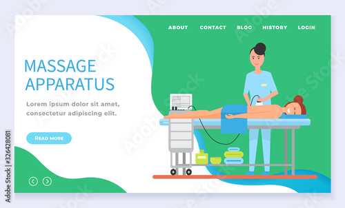 Apparatus massage therapy spa website template. Professional therapist making skincare procedure on woman back. Female lying on table with towel in salon. Website or landing page flat style vector