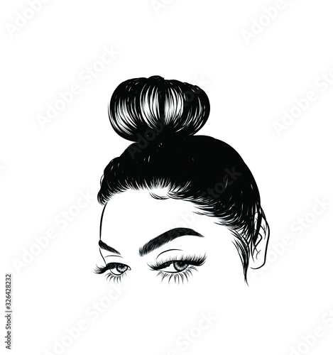Woman with stylish messy  bun with perfect eyebrow shaped and full. Illustration of business hairstyle with natural long hair. Hand-drawn idea for greeting card, poster, flyers, web, print for t-shir