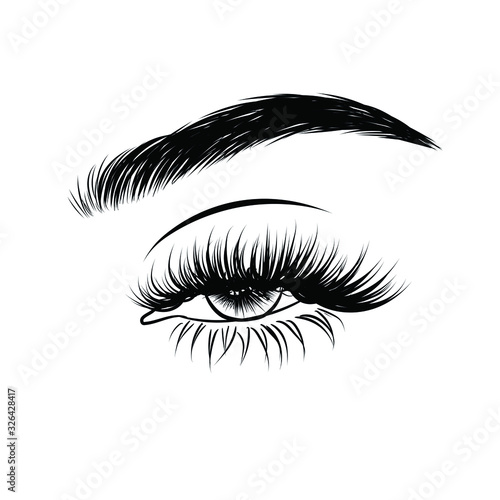 Sleek fashion illustration of the eye with luxe makeup and natural eyebrow. Hand drawn vector idea for business visit cards, templates, web, salon banners,brochures. Microblading visit card