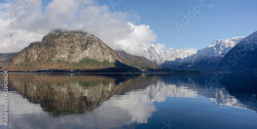 The clear water of Hallstattersee lake and the beautiful mountains surrounding it in Salzkammergut region  Austria  in winter. Panoramic view.