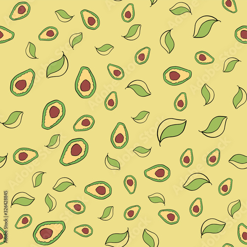 avacado, fruits and leaves, on a yellow background seamless chaotic pattern