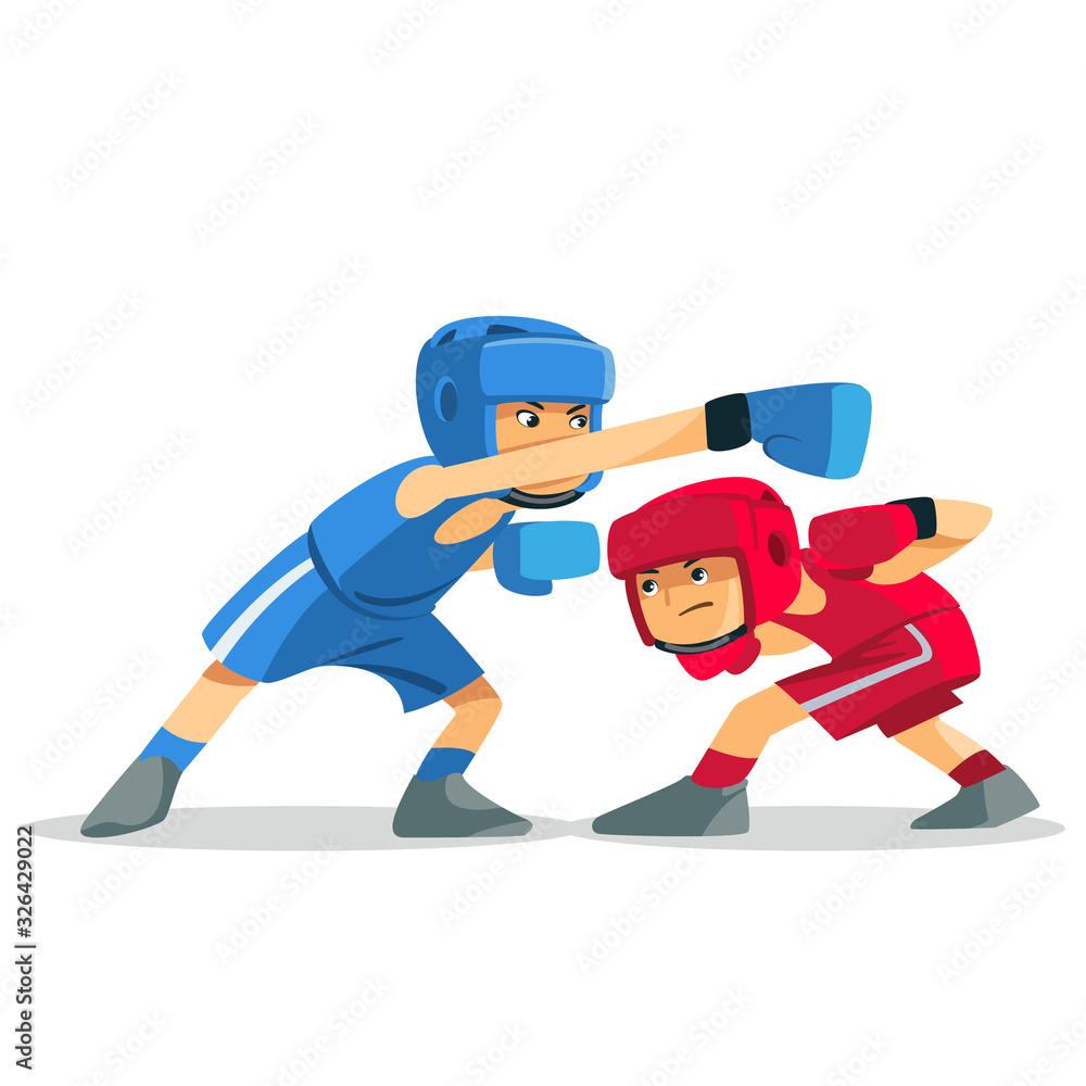 Boxing among children. Kids boxing, kickboxing children. Children fight with these adult emotions. Popularization of sports and healthy lifestyle. Vector illustration of boxing.