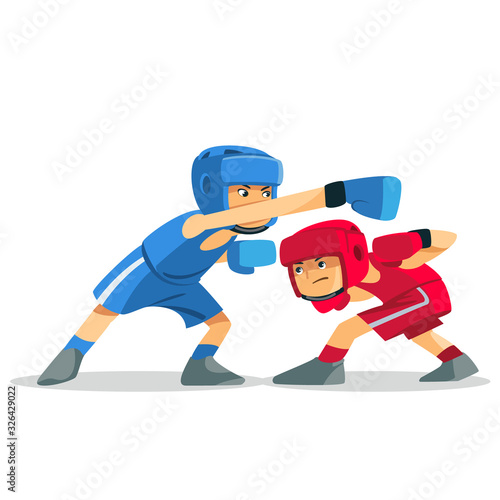 Boxing among children. Kids boxing, kickboxing children. Children fight with these adult emotions. Popularization of sports and healthy lifestyle. Vector illustration of boxing.
