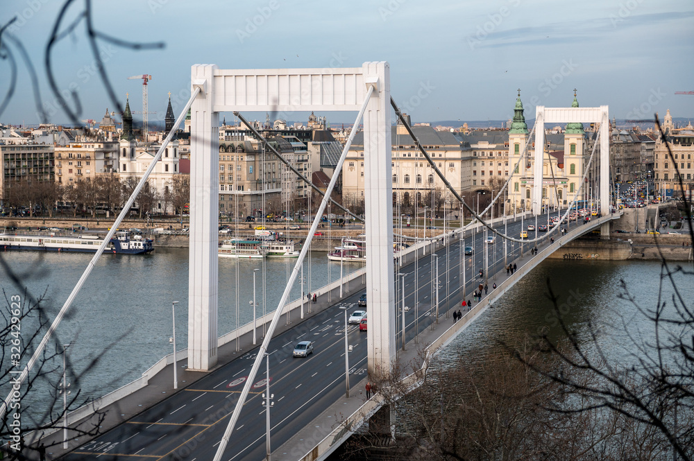 Fototapeta premium view from Gellert Hill over Elisabeth Bridge to Inner City Parish Church in Pest