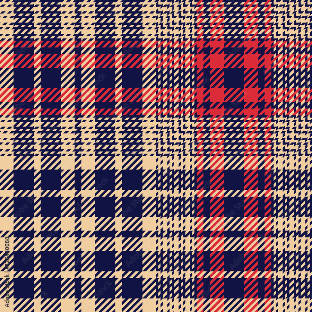 Tartan plaid pattern glen fabric. Seamless dark multicolored check plaid graphic in blue, red, and beige for coat, jacket, blanket, throw, duvet cover, or other modern winter tweed design.