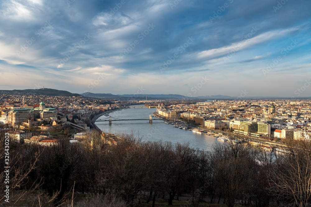 view from Gellert Hill over Budapest and the Danube in beautiful evening light