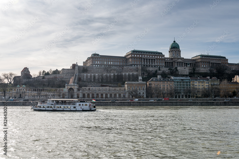 river cruise on Danube with view of Buda Castle hill and another ship