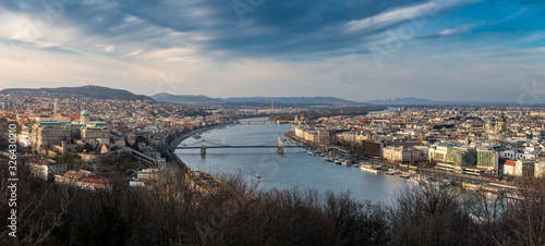panoramic view from Gellert Hill over Budapest and the Danube in beautiful evening light