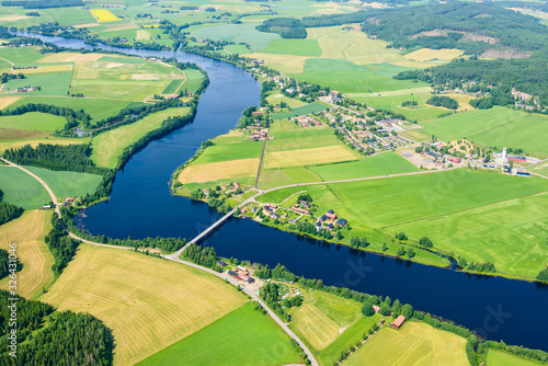 Aerial view of fields and river, Dalälven, Dalarna, Sweden