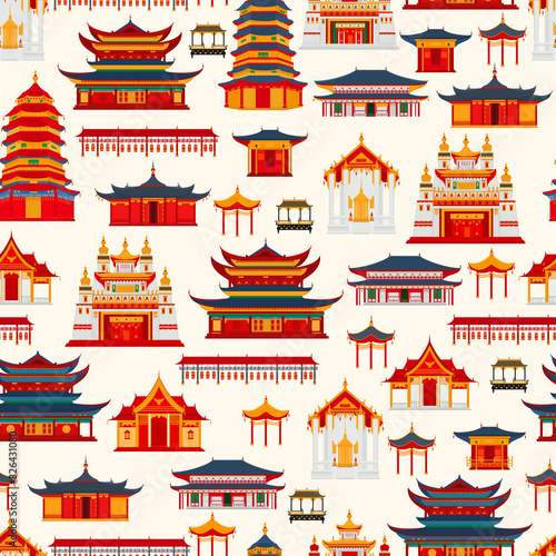 Seamless vector pattern with Chinese traditional buildings and temples on a light background