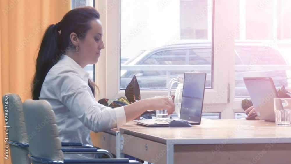 Young businesswoman working on the laptop in the office opposite window Young businesswoman working on the laptop in the office opposite window