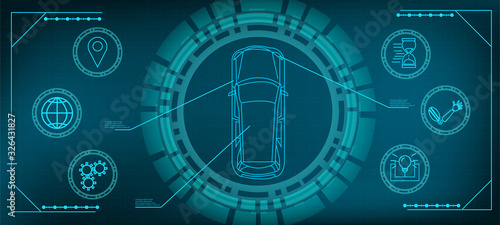 Car service, top view mechanisms. Futuristic HUD template for an electric car connected online in the HUD style. Vector illustration