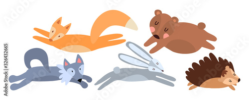 A hare, a hedgehog, a fox, a wolf and a bear bear run one after another. Cute forest animals in clip art horizontal format. Vector illustration for printing on children's textiles, t-shirt, toys