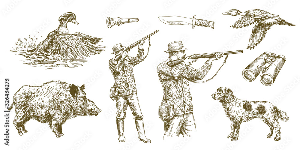 Hunter shoots a gun, duck hunting with dog. Hand drawn vector illustration. - obrazy, fototapety, plakaty 