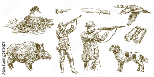 Hunter shoots a gun, duck hunting with dog. Hand drawn vector illustration.