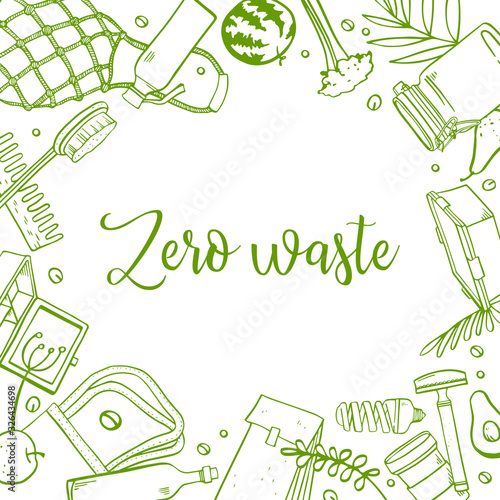 Rectangular frame design template. Zero waste objects. Bags, containers, jars and bottles, combs, food and plants. Hand drawn outline vector sketch illustration