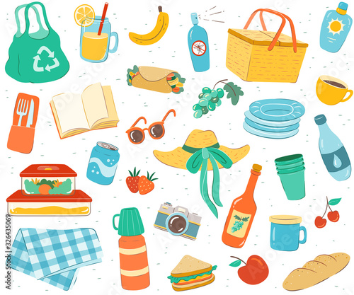 Picnic seamless pattern. Endless repeatable background with hand drawn picnic elements.