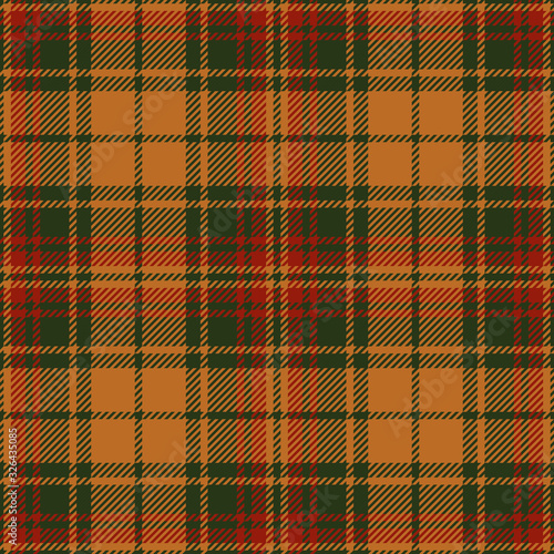 Tartan plaid pattern background. Seamless dark multicolored Christmas and New Year check plaid graphic in green, red, orange for scarf, skirt, blanket, throw, or other fabric design.