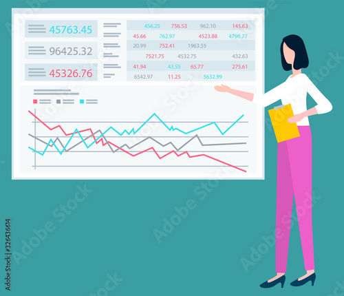 Woman worker showing statistic board, presenter character, finance report and graph. Employee representing company capital, business success vector