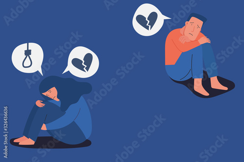 unhappy and sad young couple in depression sitting and hugging knees with hanging rope and broken heart on mind, sorrow, mental health concept, cartoon character vector flat illustration