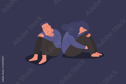 unhappy and sad young couple, man and woman in depression sitting and hugging knees, sorrow, mental health concept, cartoon male and female character vector flat illustration