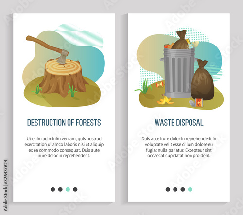 Garbage disposal and destruction of forests vector, ecological problems of planet, big with trash in bags, waste and bulky items, ax deforestation. Website or slider app, landing page flat style