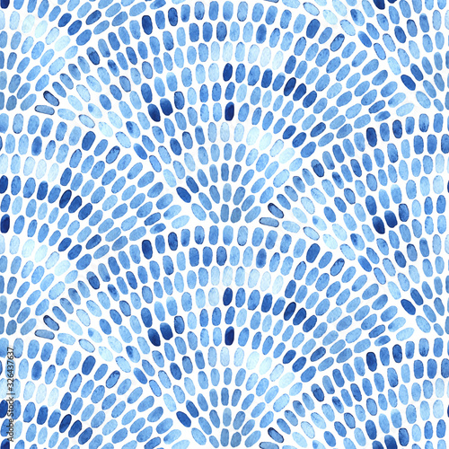 Seigaha watercolor seamless pattern. Blue and white print for textiles. Handwork on paper. Cute summer and spring background. Ornament in the style of polka dot. Vector illustration.