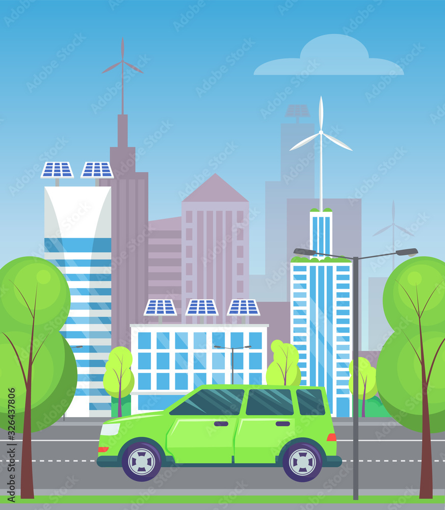 Green minivan or multi purpose vehicle rides on asphalted road in city. Green trees near highway, good weather. Cityscape with many buildings on background. Vector illustration in flat style