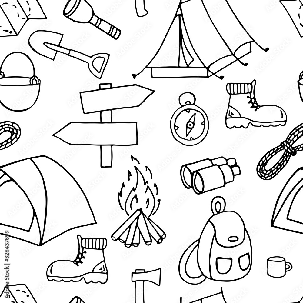 Seamless pattern of elements about camping and hiking in doodle style ...